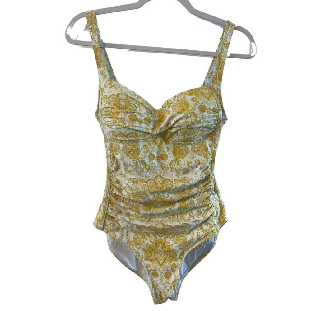 Niptuck Womens Floral Yellow Gray White Ruched Bodice One Piece Swim Suit 8